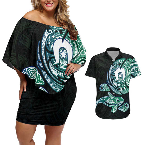 Whale and Dhari Torres Strait Islands Couples Matching Off Shoulder Short Dress and Hawaiian Shirt Deep Green Oceanic Tribal Pattern Art
