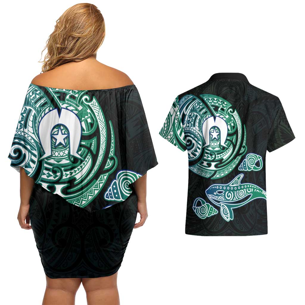 Whale and Dhari Torres Strait Islands Couples Matching Off Shoulder Short Dress and Hawaiian Shirt Deep Green Oceanic Tribal Pattern Art