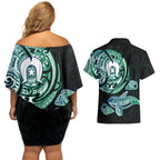 Whale and Dhari Torres Strait Islands Couples Matching Off Shoulder Short Dress and Hawaiian Shirt Deep Green Oceanic Tribal Pattern Art