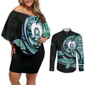 Whale and Dhari Torres Strait Islands Couples Matching Off Shoulder Short Dress and Long Sleeve Button Shirt Deep Green Oceanic Tribal Pattern Art