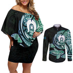Whale and Dhari Torres Strait Islands Couples Matching Off Shoulder Short Dress and Long Sleeve Button Shirt Deep Green Oceanic Tribal Pattern Art