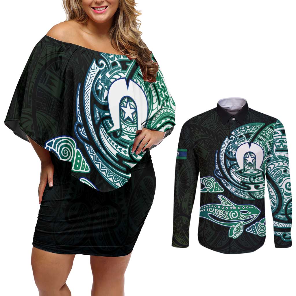 Whale and Dhari Torres Strait Islands Couples Matching Off Shoulder Short Dress and Long Sleeve Button Shirt Deep Green Oceanic Tribal Pattern Art