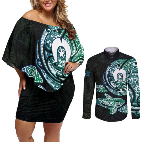 Whale and Dhari Torres Strait Islands Couples Matching Off Shoulder Short Dress and Long Sleeve Button Shirt Deep Green Oceanic Tribal Pattern Art