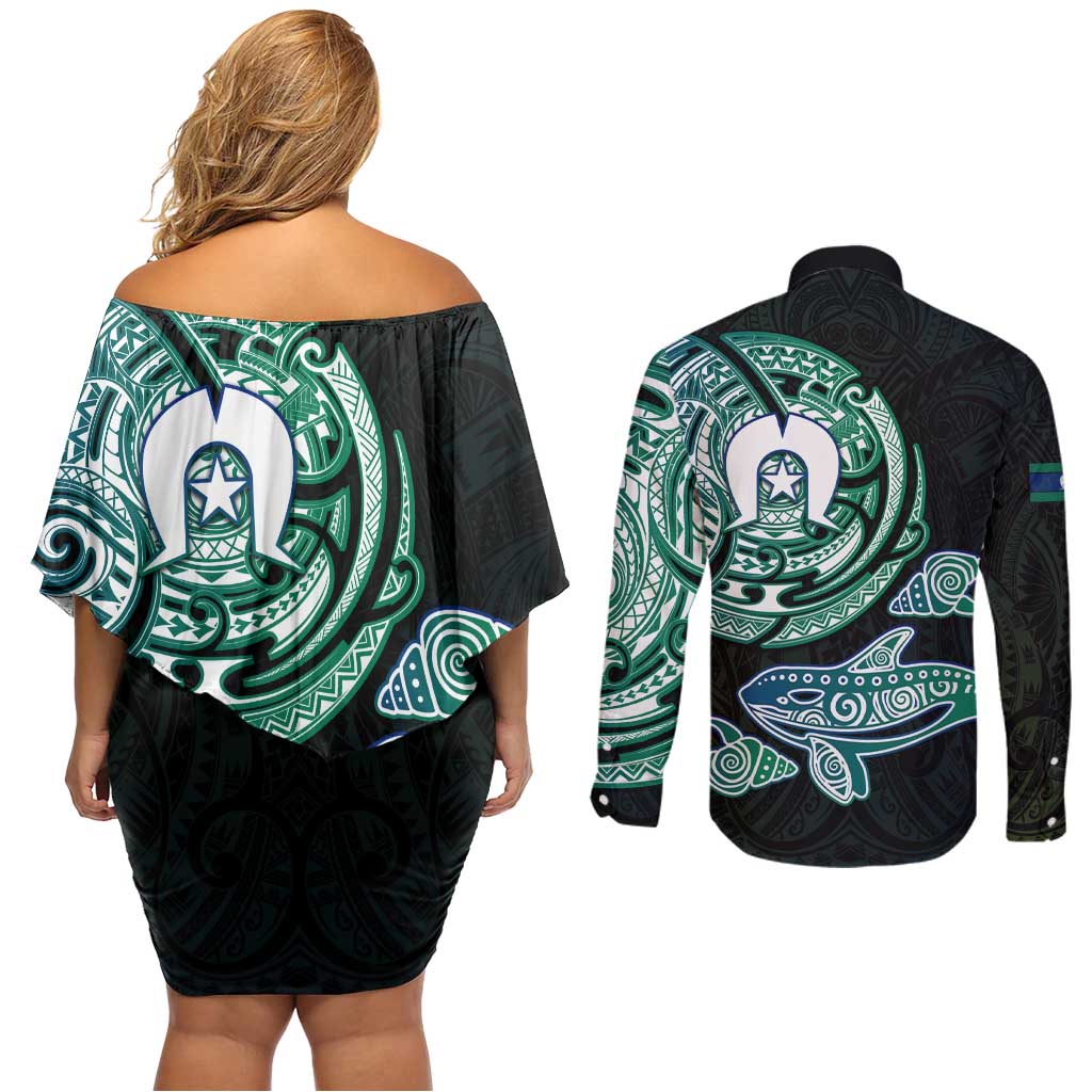 Whale and Dhari Torres Strait Islands Couples Matching Off Shoulder Short Dress and Long Sleeve Button Shirt Deep Green Oceanic Tribal Pattern Art
