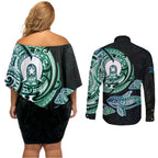 Whale and Dhari Torres Strait Islands Couples Matching Off Shoulder Short Dress and Long Sleeve Button Shirt Deep Green Oceanic Tribal Pattern Art
