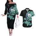 Whale and Dhari Torres Strait Islands Couples Matching Off The Shoulder Long Sleeve Dress and Hawaiian Shirt Deep Green Oceanic Tribal Pattern Art