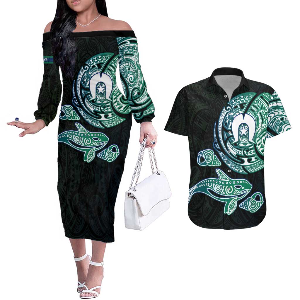 Whale and Dhari Torres Strait Islands Couples Matching Off The Shoulder Long Sleeve Dress and Hawaiian Shirt Deep Green Oceanic Tribal Pattern Art