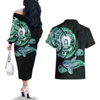 Whale and Dhari Torres Strait Islands Couples Matching Off The Shoulder Long Sleeve Dress and Hawaiian Shirt Deep Green Oceanic Tribal Pattern Art
