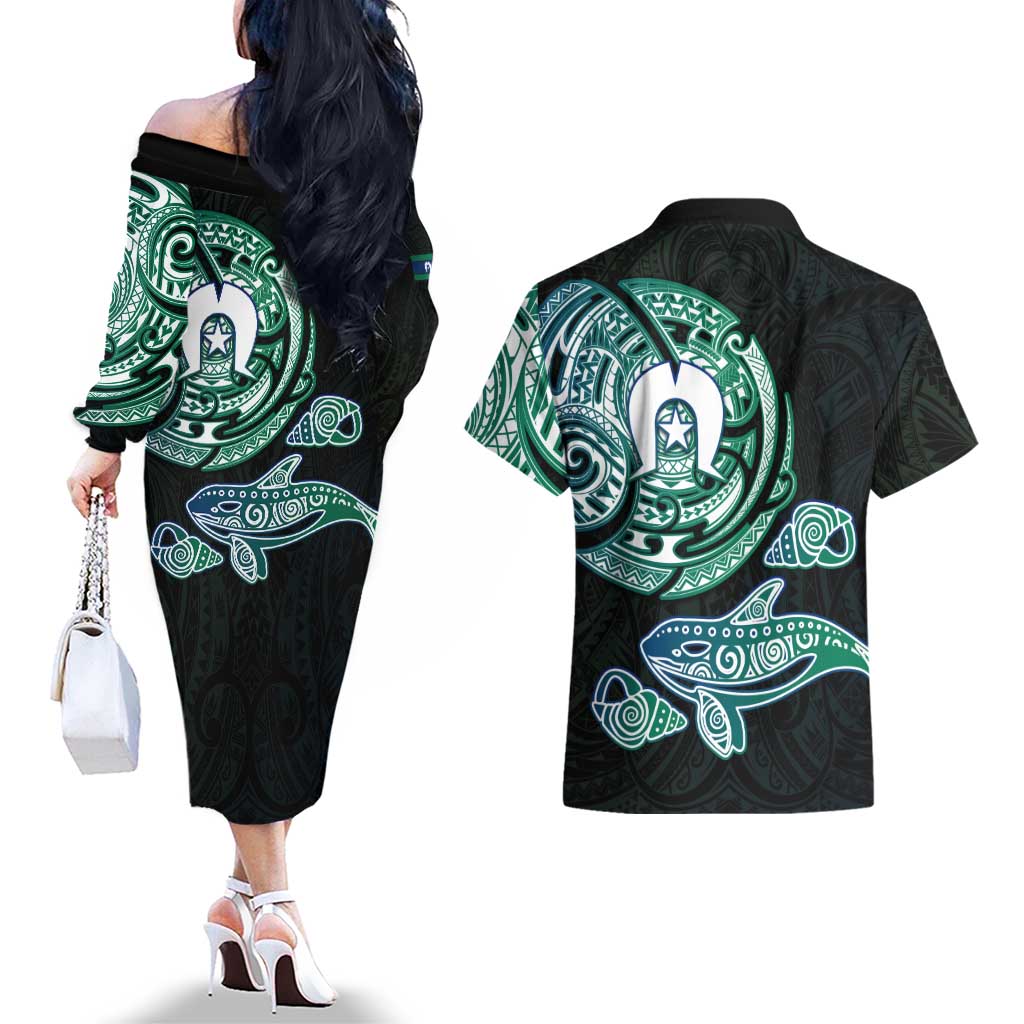 Whale and Dhari Torres Strait Islands Couples Matching Off The Shoulder Long Sleeve Dress and Hawaiian Shirt Deep Green Oceanic Tribal Pattern Art