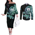 Whale and Dhari Torres Strait Islands Couples Matching Off The Shoulder Long Sleeve Dress and Long Sleeve Button Shirt Deep Green Oceanic Tribal Pattern Art