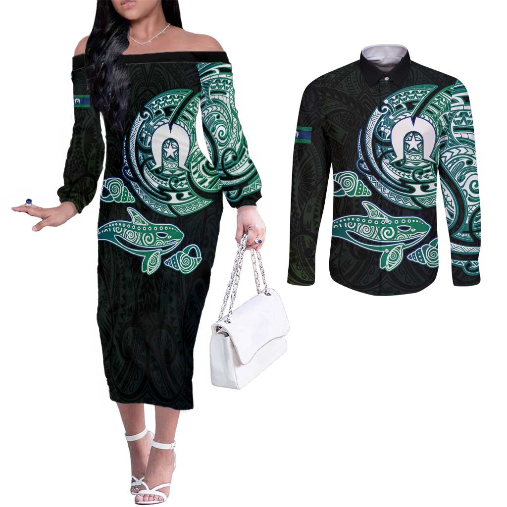 Whale and Dhari Torres Strait Islands Couples Matching Off The Shoulder Long Sleeve Dress and Long Sleeve Button Shirt Deep Green Oceanic Tribal Pattern Art