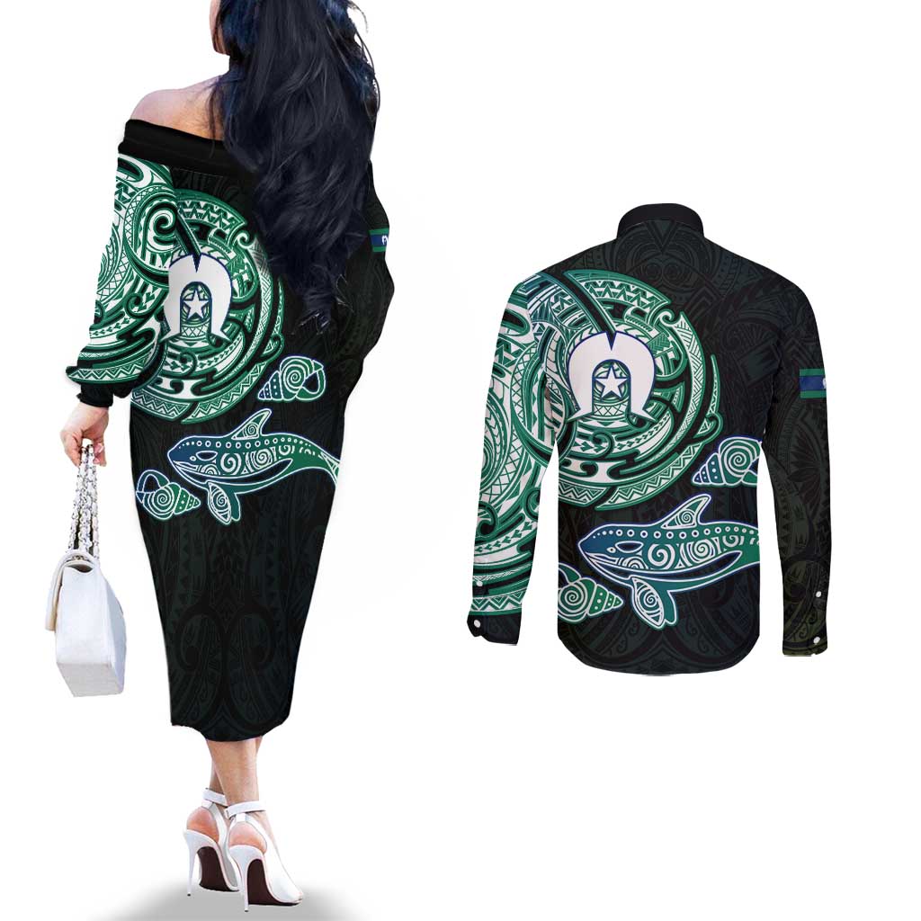 Whale and Dhari Torres Strait Islands Couples Matching Off The Shoulder Long Sleeve Dress and Long Sleeve Button Shirt Deep Green Oceanic Tribal Pattern Art