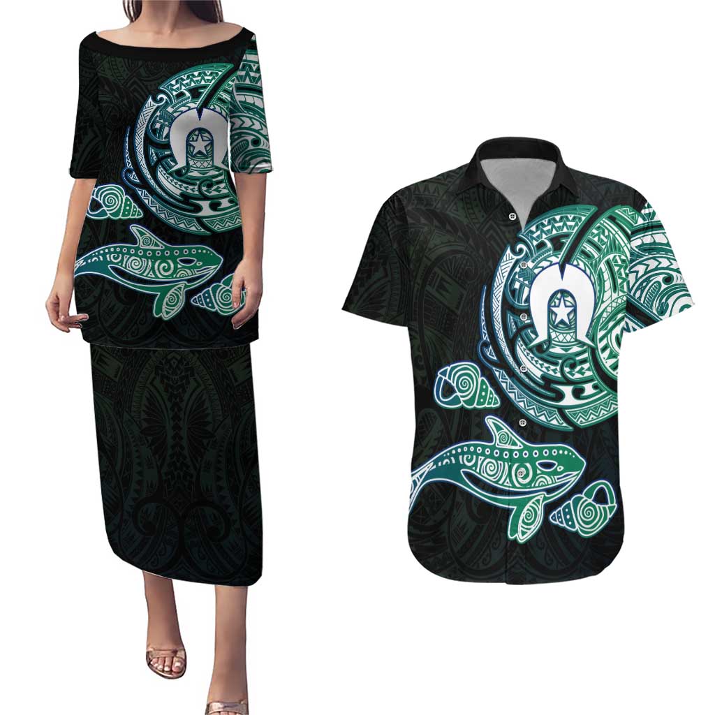 Whale and Dhari Torres Strait Islands Couples Matching Puletasi and Hawaiian Shirt Deep Green Oceanic Tribal Pattern Art