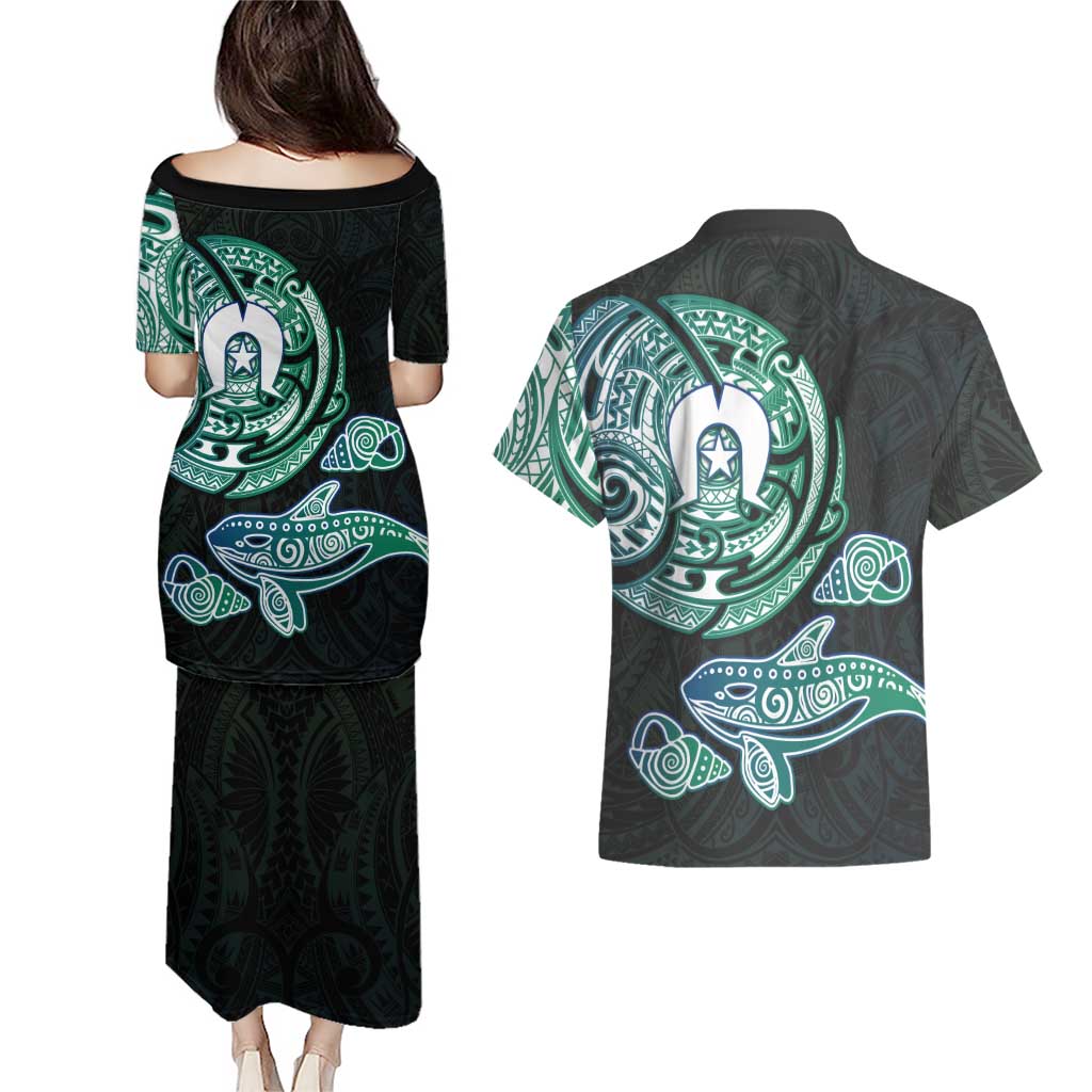 Whale and Dhari Torres Strait Islands Couples Matching Puletasi and Hawaiian Shirt Deep Green Oceanic Tribal Pattern Art