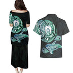Whale and Dhari Torres Strait Islands Couples Matching Puletasi and Hawaiian Shirt Deep Green Oceanic Tribal Pattern Art