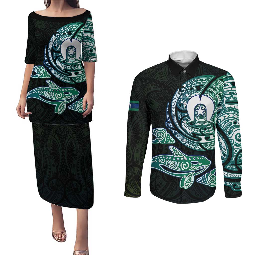 Whale and Dhari Torres Strait Islands Couples Matching Puletasi and Long Sleeve Button Shirt Deep Green Oceanic Tribal Pattern Art