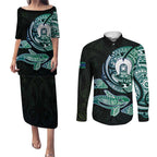 Whale and Dhari Torres Strait Islands Couples Matching Puletasi and Long Sleeve Button Shirt Deep Green Oceanic Tribal Pattern Art