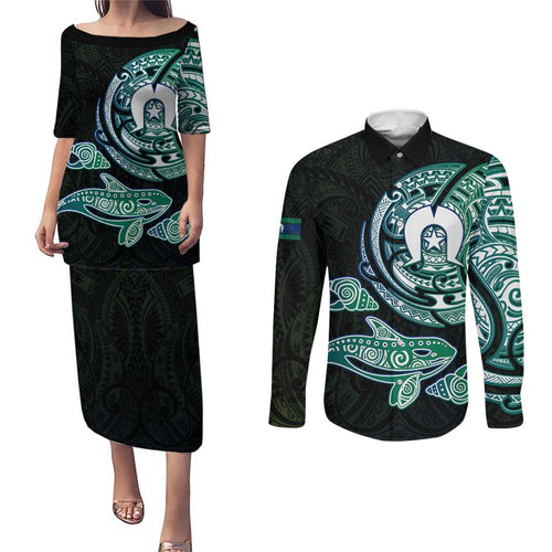 Whale and Dhari Torres Strait Islands Couples Matching Puletasi and Long Sleeve Button Shirt Deep Green Oceanic Tribal Pattern Art