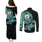 Whale and Dhari Torres Strait Islands Couples Matching Puletasi and Long Sleeve Button Shirt Deep Green Oceanic Tribal Pattern Art