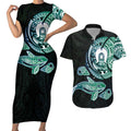 Whale and Dhari Torres Strait Islands Couples Matching Short Sleeve Bodycon Dress and Hawaiian Shirt Deep Green Oceanic Tribal Pattern Art