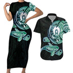 Whale and Dhari Torres Strait Islands Couples Matching Short Sleeve Bodycon Dress and Hawaiian Shirt Deep Green Oceanic Tribal Pattern Art