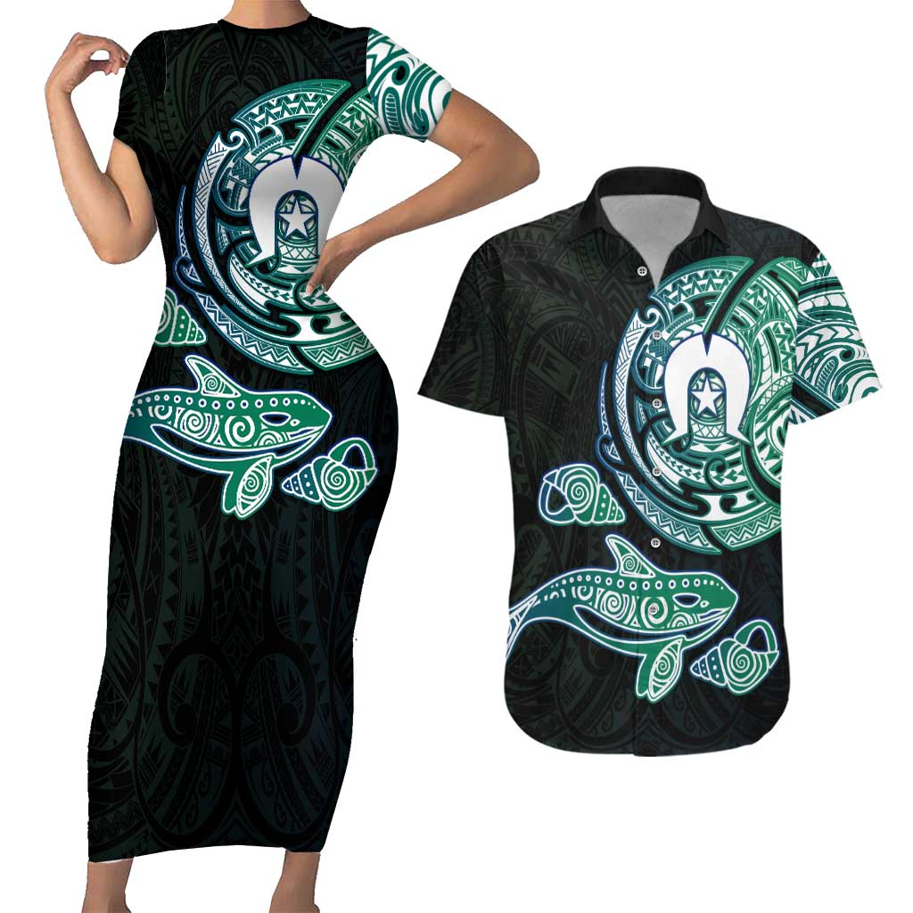 Whale and Dhari Torres Strait Islands Couples Matching Short Sleeve Bodycon Dress and Hawaiian Shirt Deep Green Oceanic Tribal Pattern Art