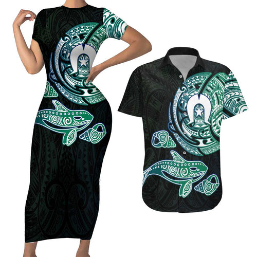 Whale and Dhari Torres Strait Islands Couples Matching Short Sleeve Bodycon Dress and Hawaiian Shirt Deep Green Oceanic Tribal Pattern Art