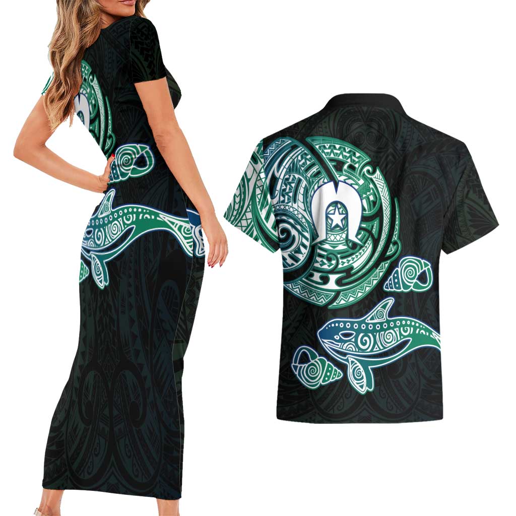 Whale and Dhari Torres Strait Islands Couples Matching Short Sleeve Bodycon Dress and Hawaiian Shirt Deep Green Oceanic Tribal Pattern Art