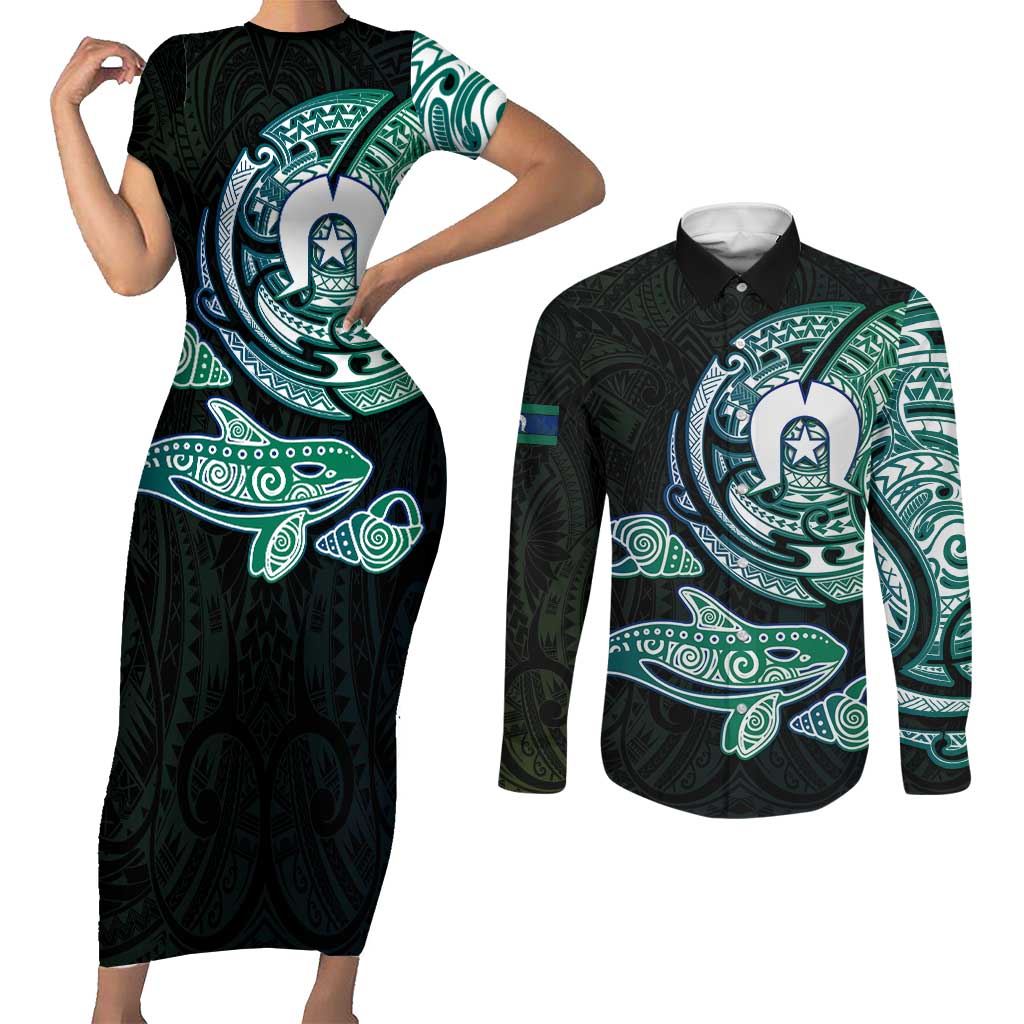 Whale and Dhari Torres Strait Islands Couples Matching Short Sleeve Bodycon Dress and Long Sleeve Button Shirt Deep Green Oceanic Tribal Pattern Art