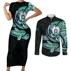 Whale and Dhari Torres Strait Islands Couples Matching Short Sleeve Bodycon Dress and Long Sleeve Button Shirt Deep Green Oceanic Tribal Pattern Art