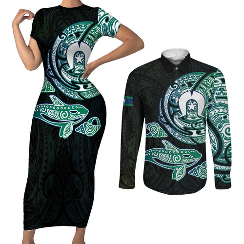 Whale and Dhari Torres Strait Islands Couples Matching Short Sleeve Bodycon Dress and Long Sleeve Button Shirt Deep Green Oceanic Tribal Pattern Art