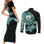 Whale and Dhari Torres Strait Islands Couples Matching Short Sleeve Bodycon Dress and Long Sleeve Button Shirt Deep Green Oceanic Tribal Pattern Art