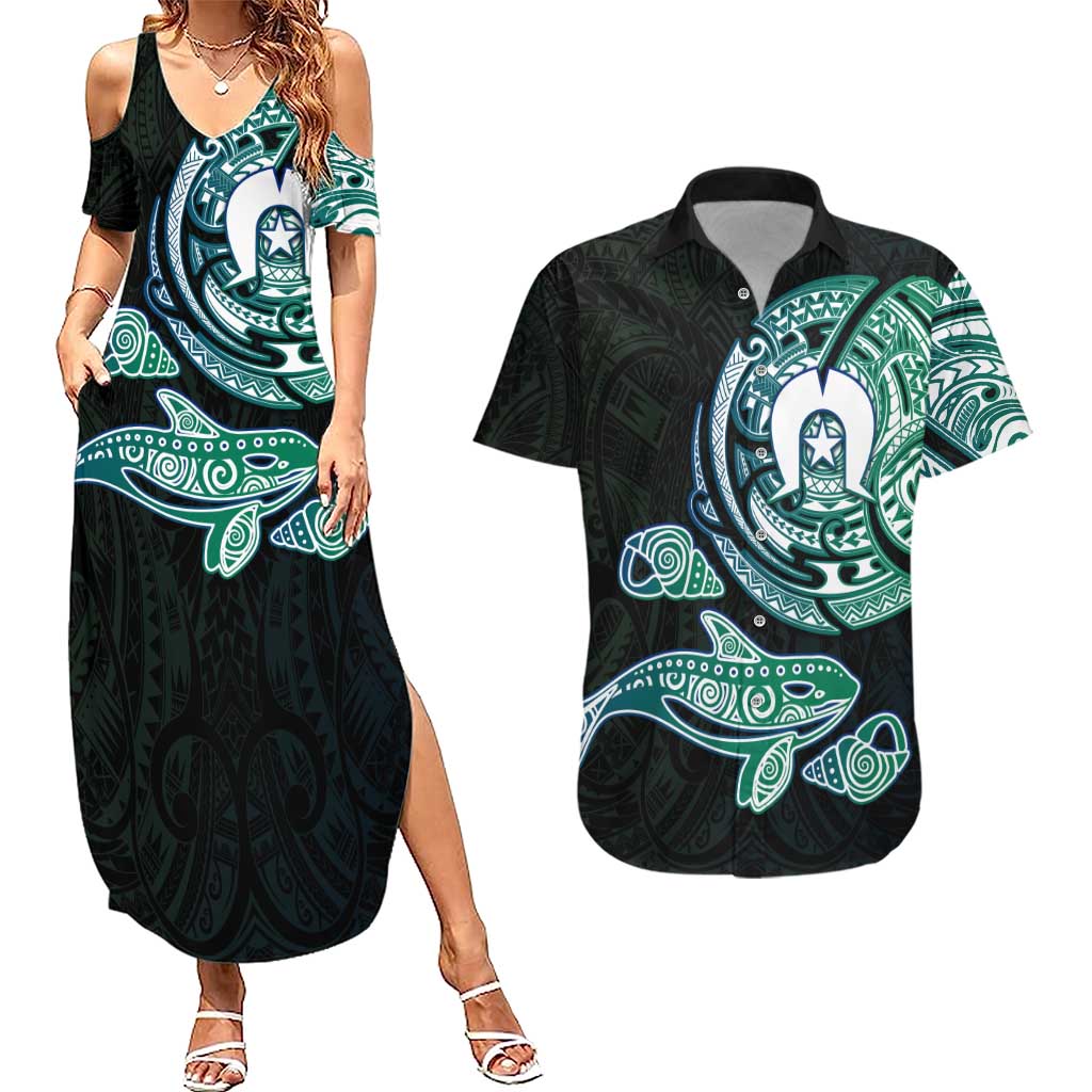 Whale and Dhari Torres Strait Islands Couples Matching Summer Maxi Dress and Hawaiian Shirt Deep Green Oceanic Tribal Pattern Art
