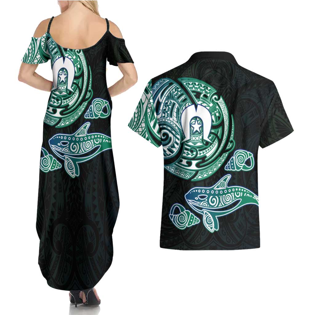 Whale and Dhari Torres Strait Islands Couples Matching Summer Maxi Dress and Hawaiian Shirt Deep Green Oceanic Tribal Pattern Art