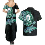 Whale and Dhari Torres Strait Islands Couples Matching Summer Maxi Dress and Hawaiian Shirt Deep Green Oceanic Tribal Pattern Art