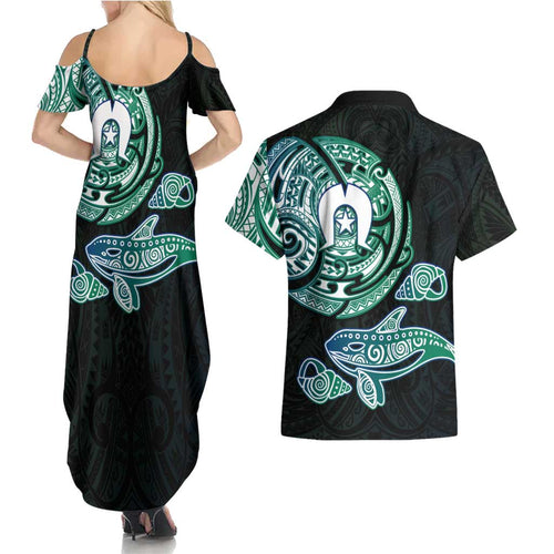 Whale and Dhari Torres Strait Islands Couples Matching Summer Maxi Dress and Hawaiian Shirt Deep Green Oceanic Tribal Pattern Art