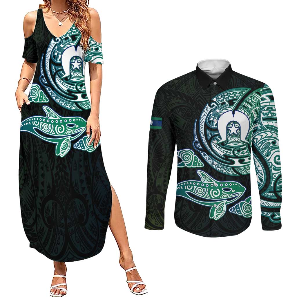 Whale and Dhari Torres Strait Islands Couples Matching Summer Maxi Dress and Long Sleeve Button Shirt Deep Green Oceanic Tribal Pattern Art