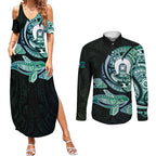 Whale and Dhari Torres Strait Islands Couples Matching Summer Maxi Dress and Long Sleeve Button Shirt Deep Green Oceanic Tribal Pattern Art