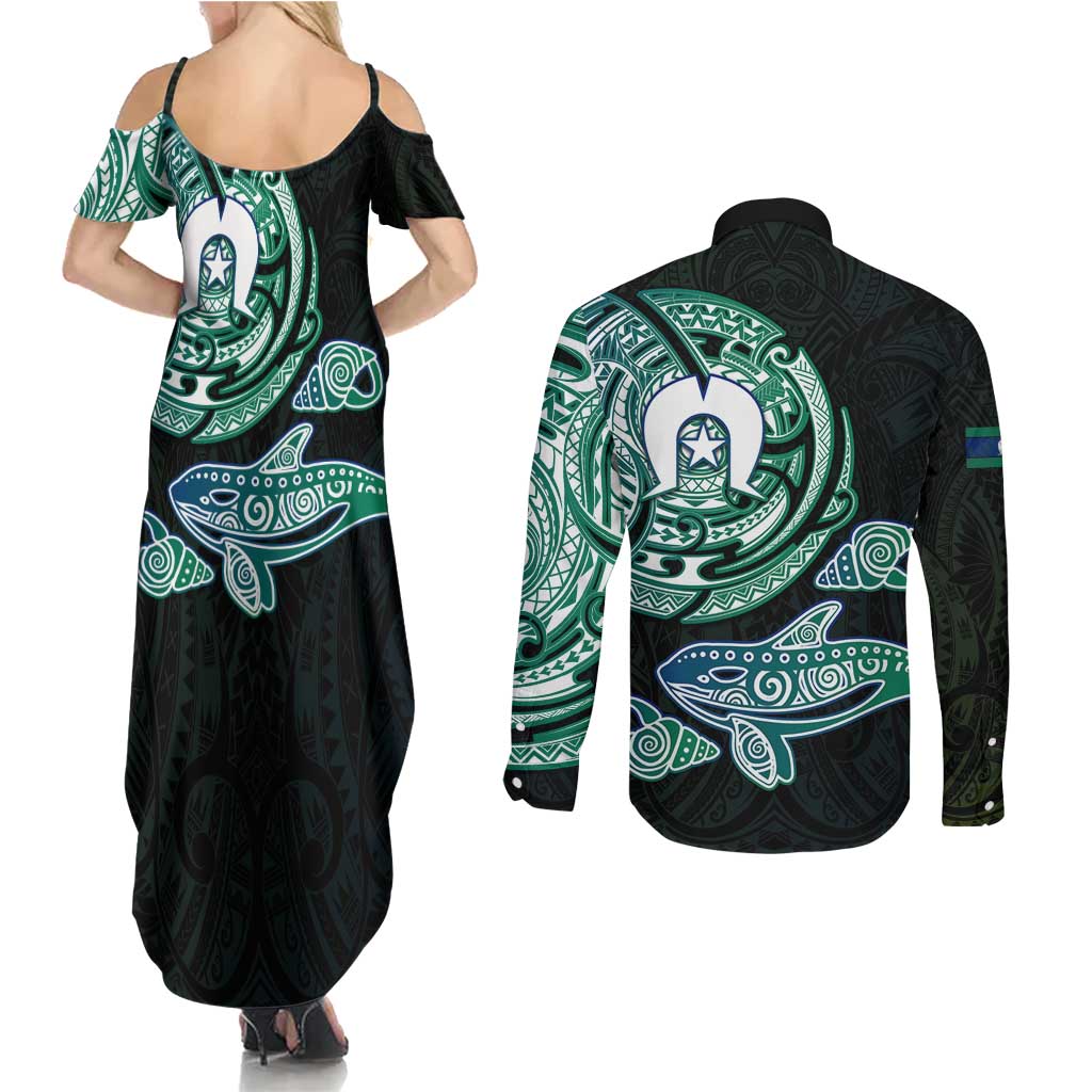 Whale and Dhari Torres Strait Islands Couples Matching Summer Maxi Dress and Long Sleeve Button Shirt Deep Green Oceanic Tribal Pattern Art