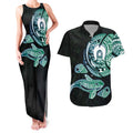 Whale and Dhari Torres Strait Islands Couples Matching Tank Maxi Dress and Hawaiian Shirt Deep Green Oceanic Tribal Pattern Art
