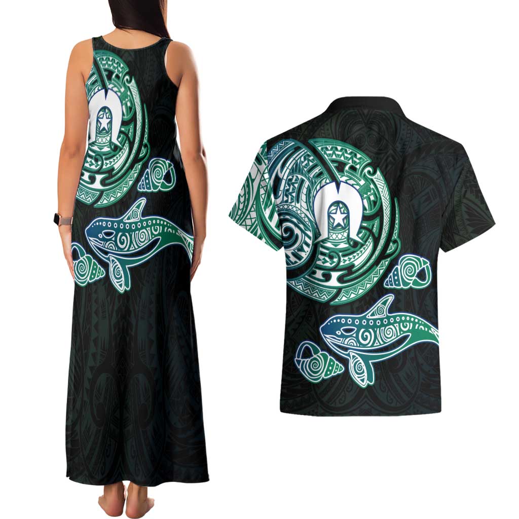 Whale and Dhari Torres Strait Islands Couples Matching Tank Maxi Dress and Hawaiian Shirt Deep Green Oceanic Tribal Pattern Art