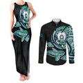 Whale and Dhari Torres Strait Islands Couples Matching Tank Maxi Dress and Long Sleeve Button Shirt Deep Green Oceanic Tribal Pattern Art