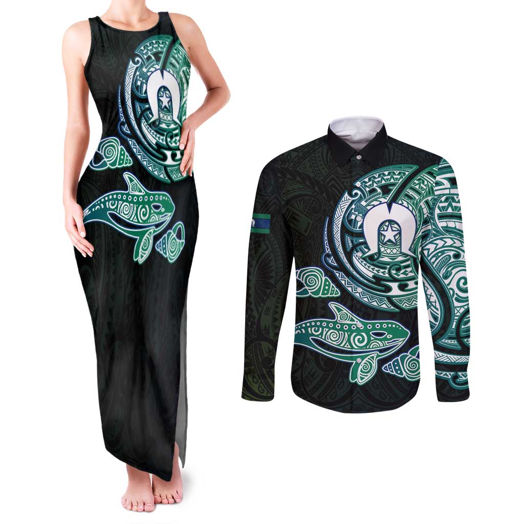 Whale and Dhari Torres Strait Islands Couples Matching Tank Maxi Dress and Long Sleeve Button Shirt Deep Green Oceanic Tribal Pattern Art