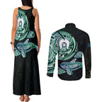 Whale and Dhari Torres Strait Islands Couples Matching Tank Maxi Dress and Long Sleeve Button Shirt Deep Green Oceanic Tribal Pattern Art