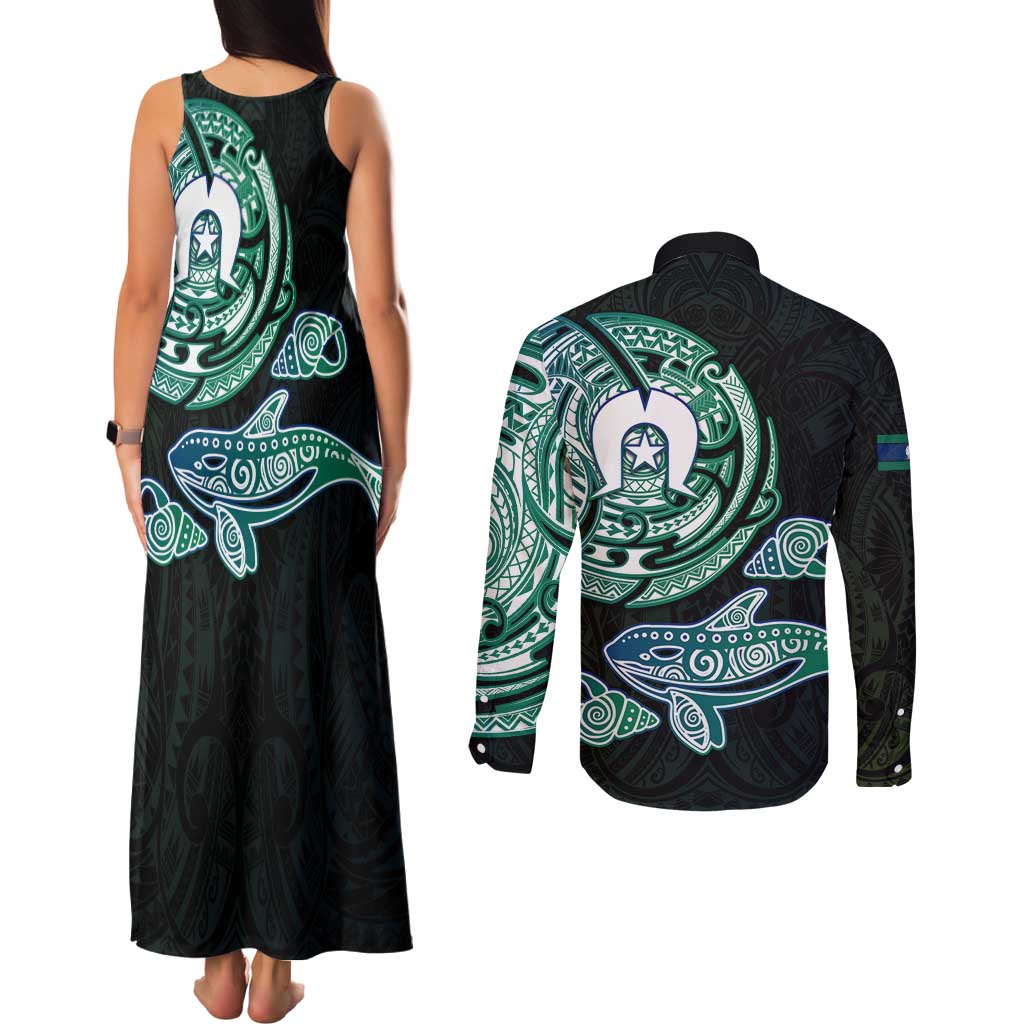 Whale and Dhari Torres Strait Islands Couples Matching Tank Maxi Dress and Long Sleeve Button Shirt Deep Green Oceanic Tribal Pattern Art