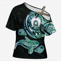 Whale and Dhari Torres Strait Islands Cross Shoulder Shirt Deep Green Oceanic Tribal Pattern Art