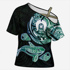 Whale and Dhari Torres Strait Islands Cross Shoulder Shirt Deep Green Oceanic Tribal Pattern Art