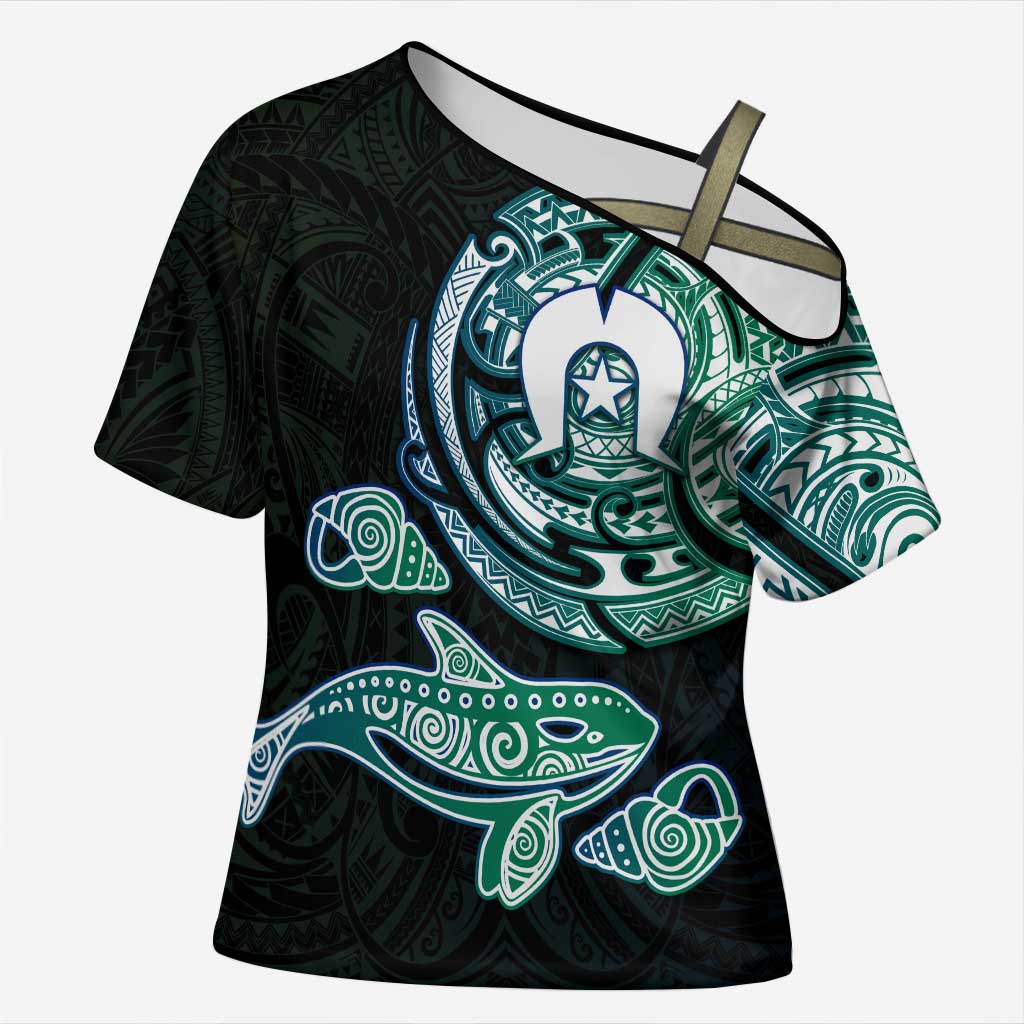 Whale and Dhari Torres Strait Islands Cross Shoulder Shirt Deep Green Oceanic Tribal Pattern Art