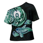 Whale and Dhari Torres Strait Islands Cross Shoulder Shirt Deep Green Oceanic Tribal Pattern Art