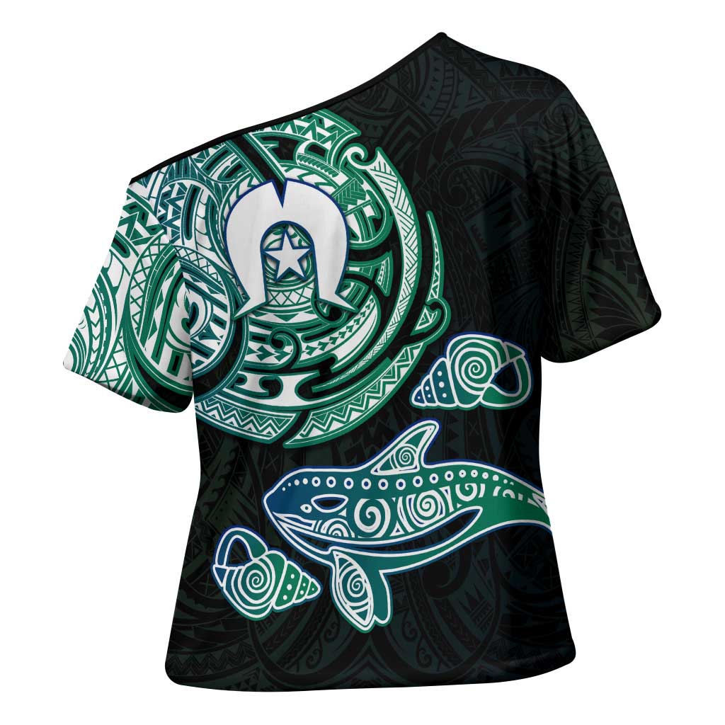 Whale and Dhari Torres Strait Islands Cross Shoulder Shirt Deep Green Oceanic Tribal Pattern Art